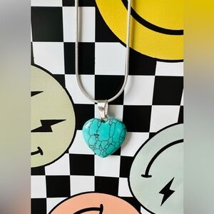 New Turquoise Heart Shaped Pendant Necklace w/a  Silver Plated 1mm Wide Chain.
